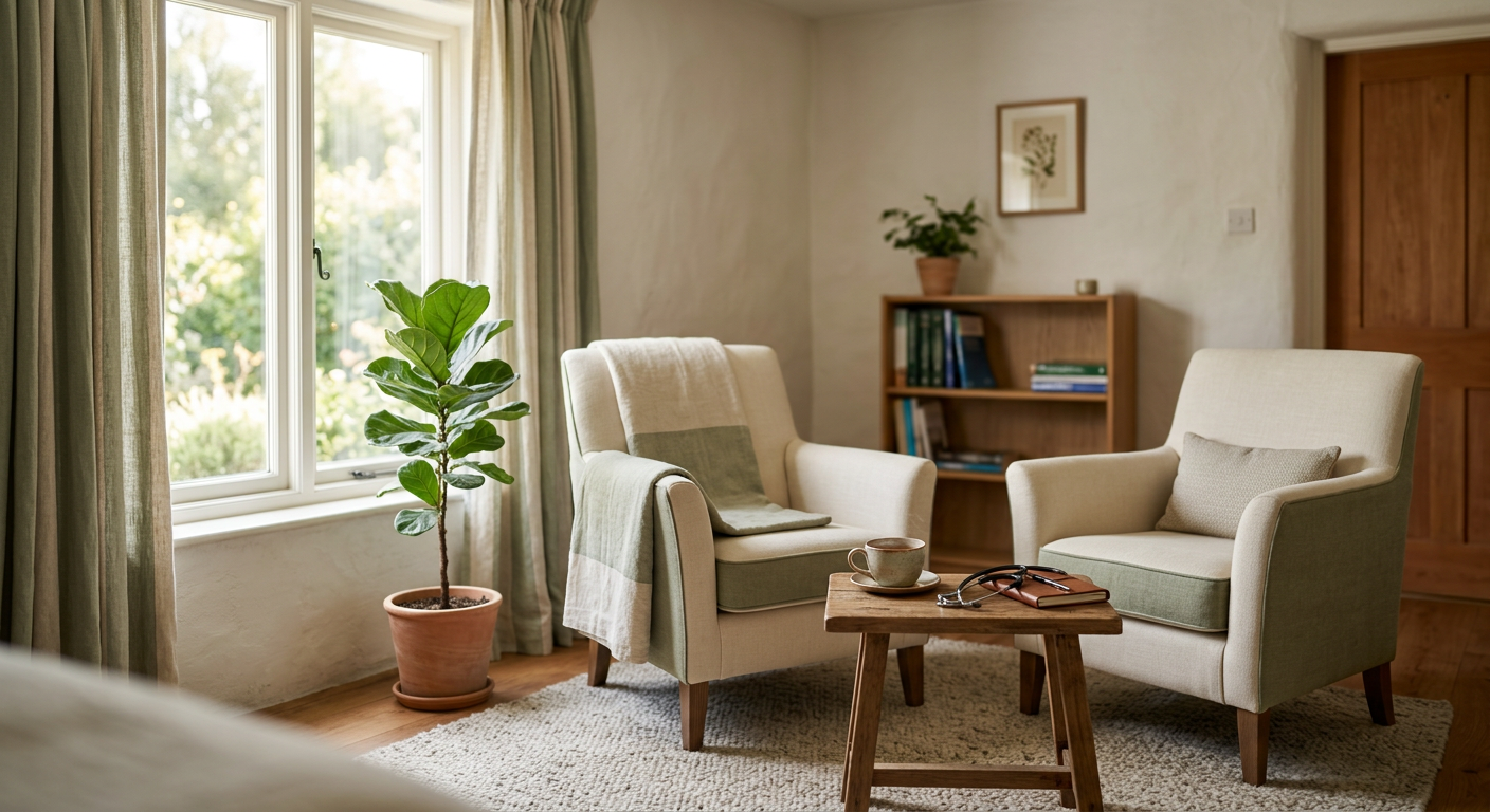 A calm, sunlit private consultation room with two armchairs